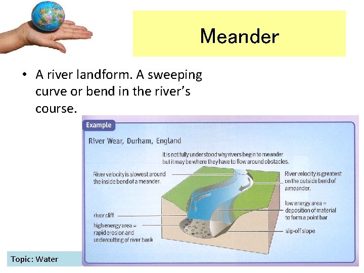 Meander • A river landform. A sweeping curve or bend in the river’s course.