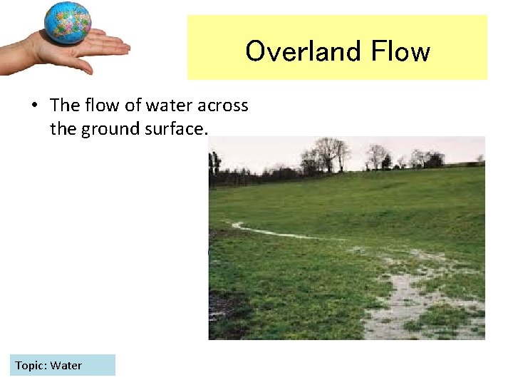 Overland Flow • The flow of water across the ground surface. Topic: Water 