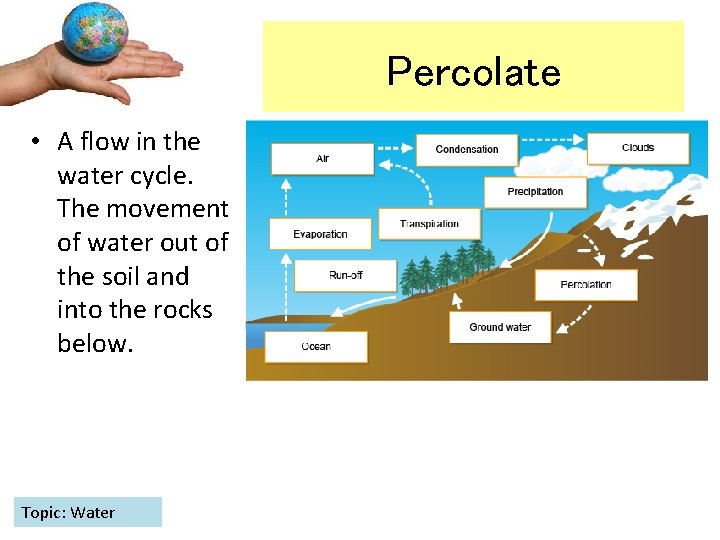 Percolate • A flow in the water cycle. The movement of water out of