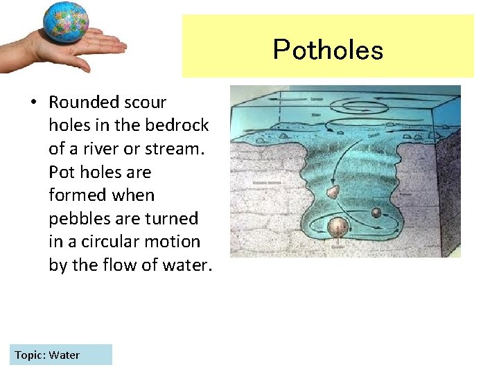 Potholes • Rounded scour holes in the bedrock of a river or stream. Pot