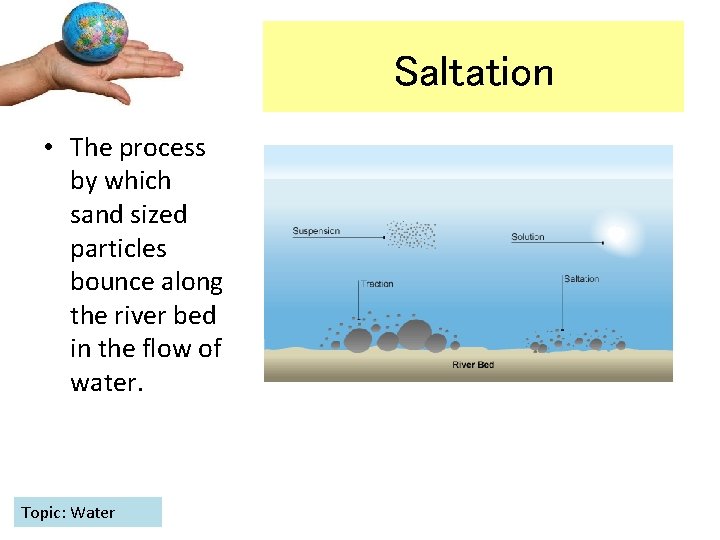 Saltation • The process by which sand sized particles bounce along the river bed