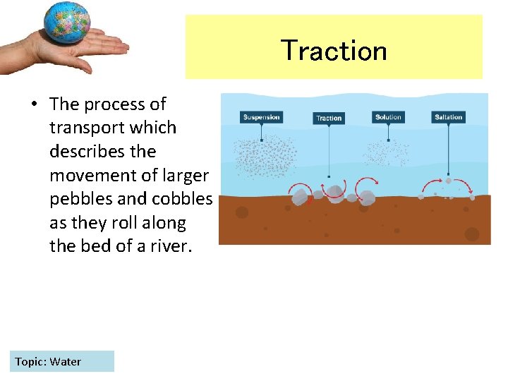 Traction • The process of transport which describes the movement of larger pebbles and