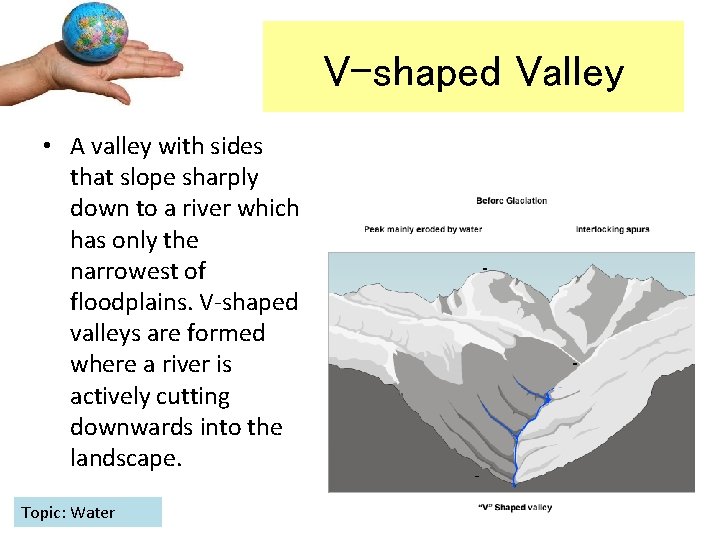 V-shaped Valley • A valley with sides that slope sharply down to a river