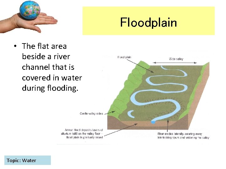 Floodplain • The flat area beside a river channel that is covered in water