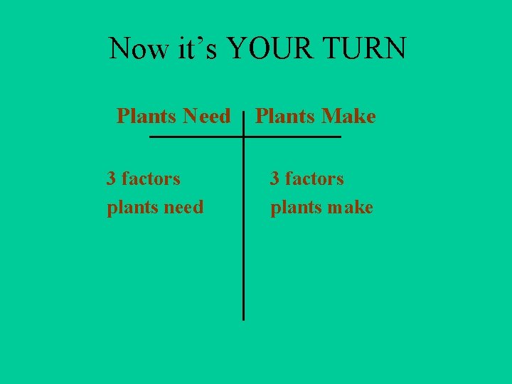 Now it’s YOUR TURN Plants Need 3 factors plants need Plants Make 3 factors