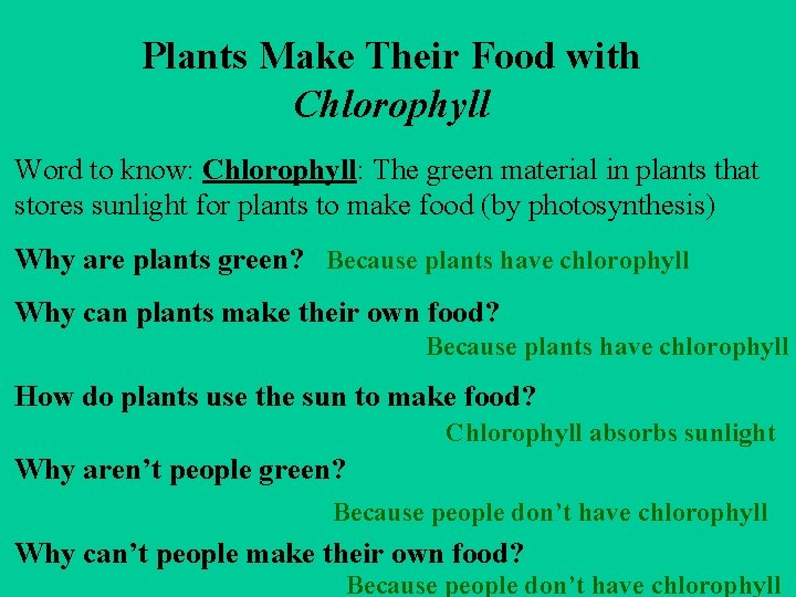 Plants Make Their Food with Chlorophyll Word to know: Chlorophyll: The green material in