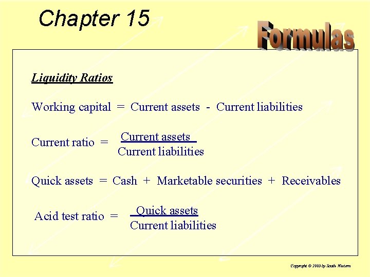 Chapter 15 Liquidity Ratios Working capital = Current assets - Current liabilities Current ratio