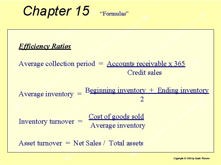 Chapter 15 “Formulas” Efficiency Ratios Average collection period = Accounts receivable x 365 Credit