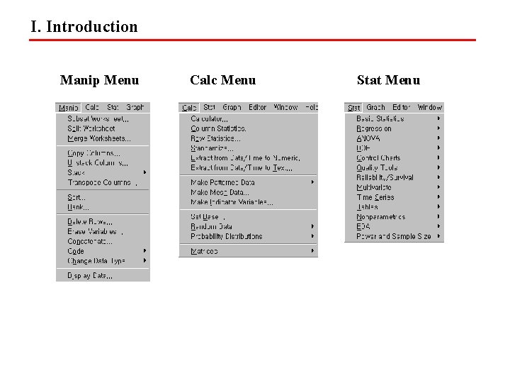 I. Introduction Manip Menu Calc Menu Stat Menu 