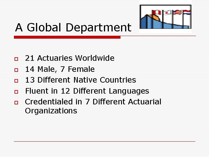 A Global Department o o o 21 Actuaries Worldwide 14 Male, 7 Female 13