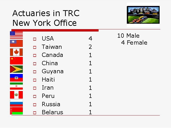 Actuaries in TRC New York Office o o o o o USA Taiwan Canada