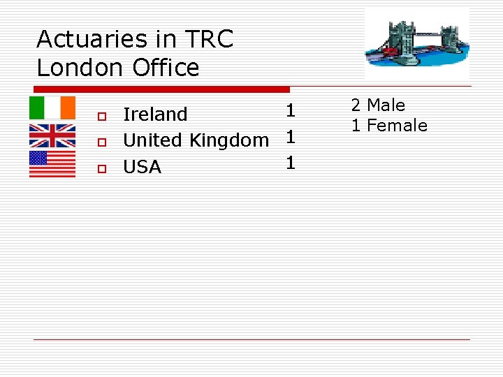 Actuaries in TRC London Office o o o 1 Ireland United Kingdom 1 1