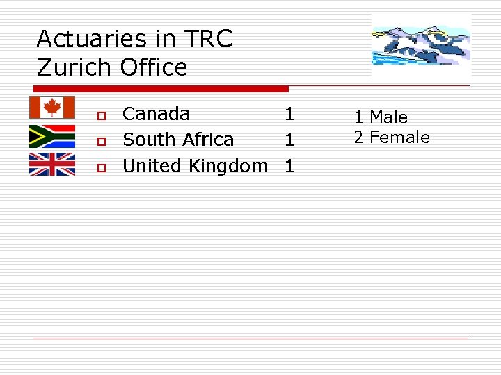 Actuaries in TRC Zurich Office o o o Canada 1 South Africa 1 United