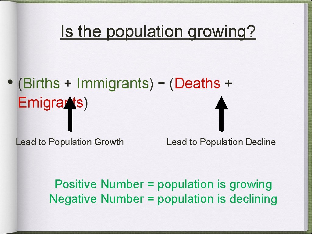 Is the population growing? • (Births + Immigrants) - (Deaths + Emigrants) Lead to