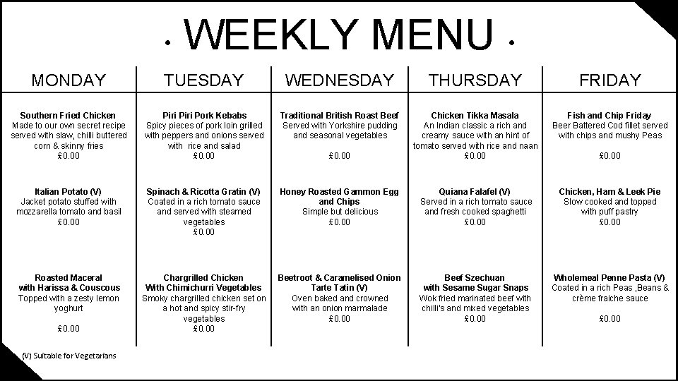  • WEEKLY MENU • MONDAY TUESDAY WEDNESDAY THURSDAY FRIDAY Southern Fried Chicken Made