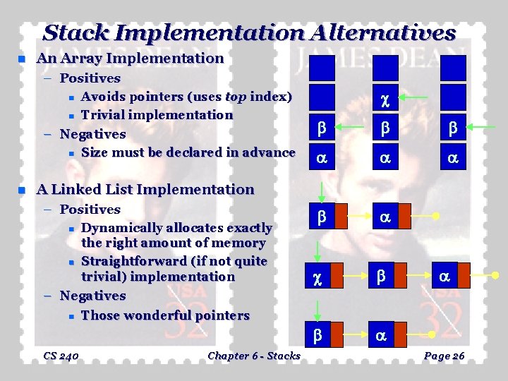Stack Implementation Alternatives n An Array Implementation – Positives n n Avoids pointers (uses