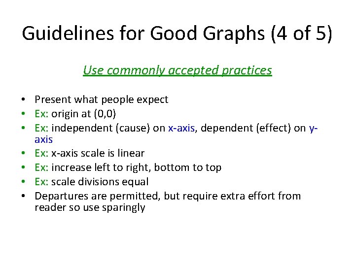 Guidelines for Good Graphs (4 of 5) Use commonly accepted practices • Present what