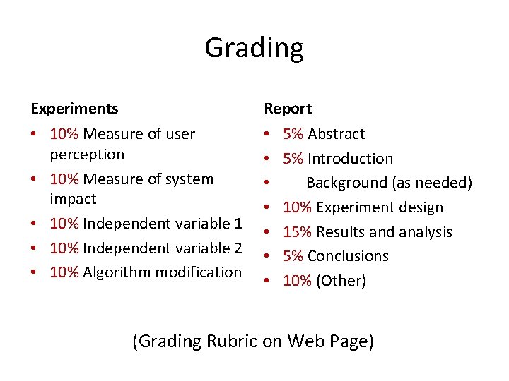 Grading Experiments Report • 10% Measure of user perception • 10% Measure of system