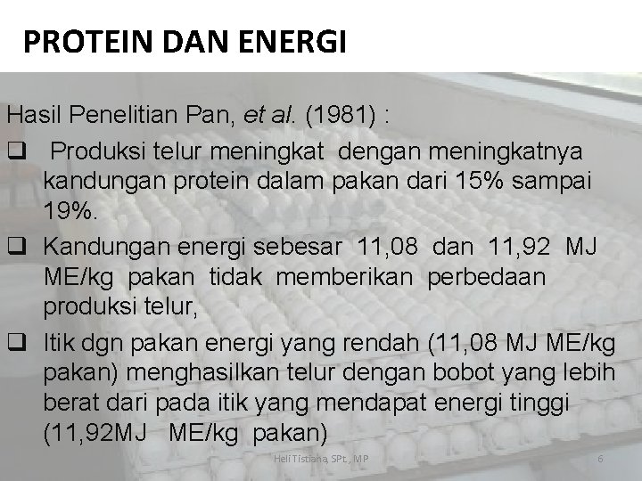 PROTEIN DAN ENERGI Hasil Penelitian Pan, et al. (1981) : q Produksi telur meningkat