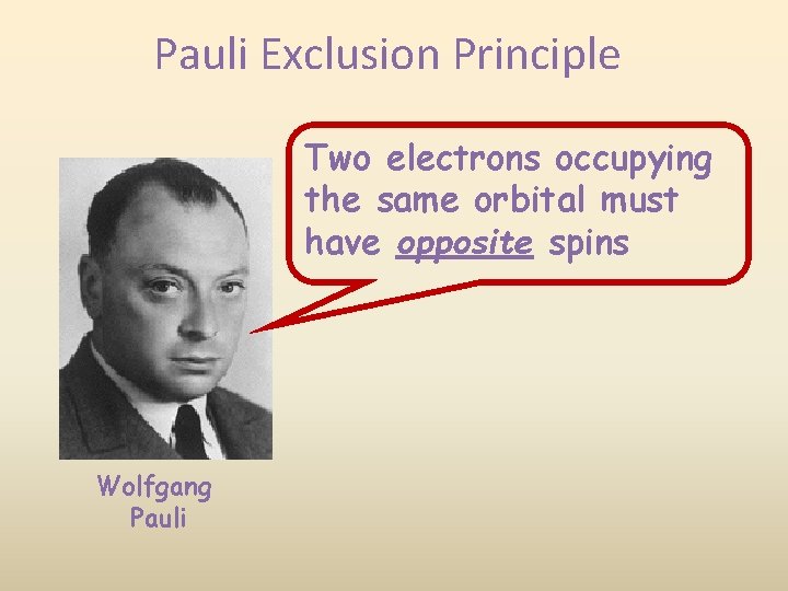 Pauli Exclusion Principle Two electrons occupying the same orbital must have opposite spins Wolfgang