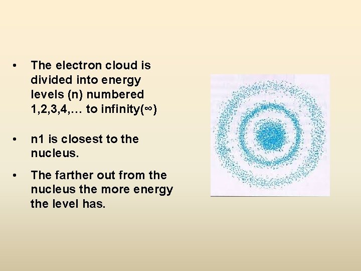  • The electron cloud is divided into energy levels (n) numbered 1, 2,