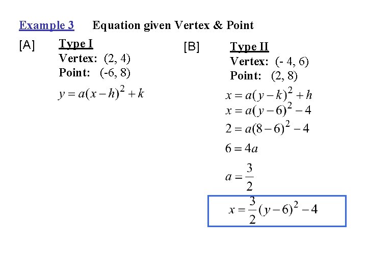Example 3 Equation given Vertex & Point Type I [A] Type II [B] Vertex: