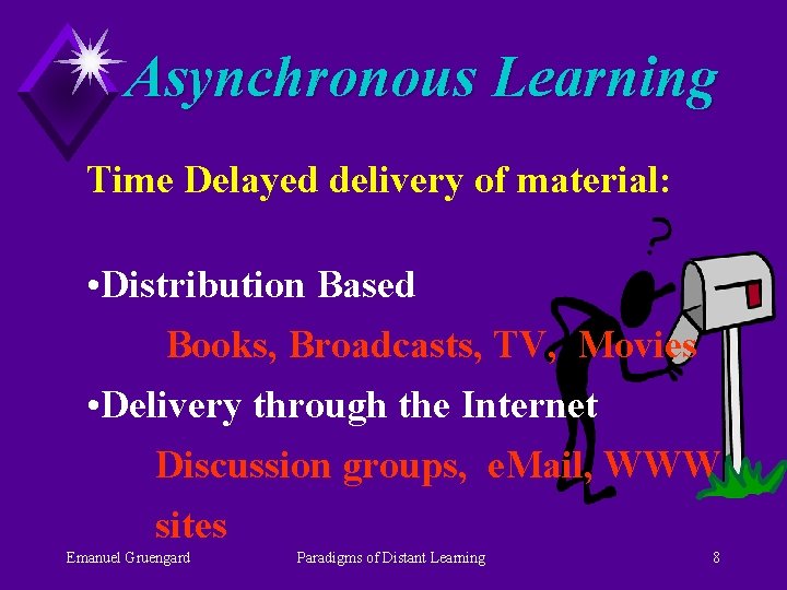 Asynchronous Learning Time Delayed delivery of material: • Distribution Based Books, Broadcasts, TV, Movies