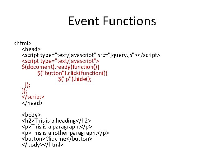 Event Functions <html> <head> <script type="text/javascript" src="jquery. js"></script> <script type="text/javascript"> $(document). ready(function(){ $("button"). click(function(){