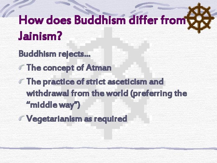 How does Buddhism differ from Jainism? Buddhism rejects… The concept of Atman The practice