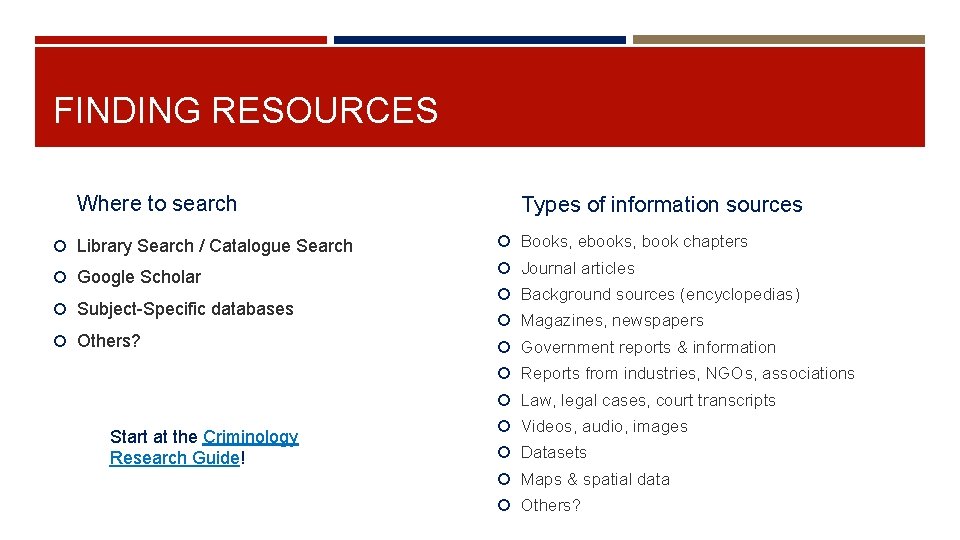 FINDING RESOURCES Where to search Library Search / Catalogue Search Google Scholar Subject-Specific databases