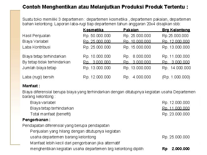 Contoh Menghentikan atau Melanjutkan Produksi Produk Tertentu : Suatu toko memiliki 3 departemen :