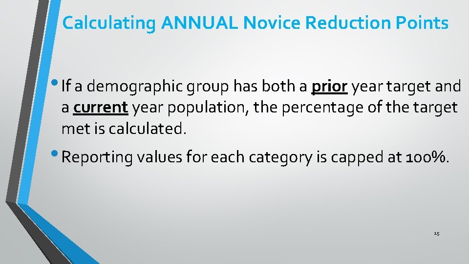 Calculating ANNUAL Novice Reduction Points • If a demographic group has both a prior