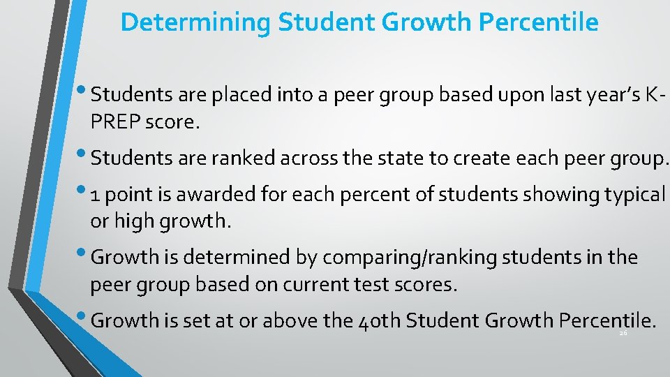 Determining Student Growth Percentile • Students are placed into a peer group based upon