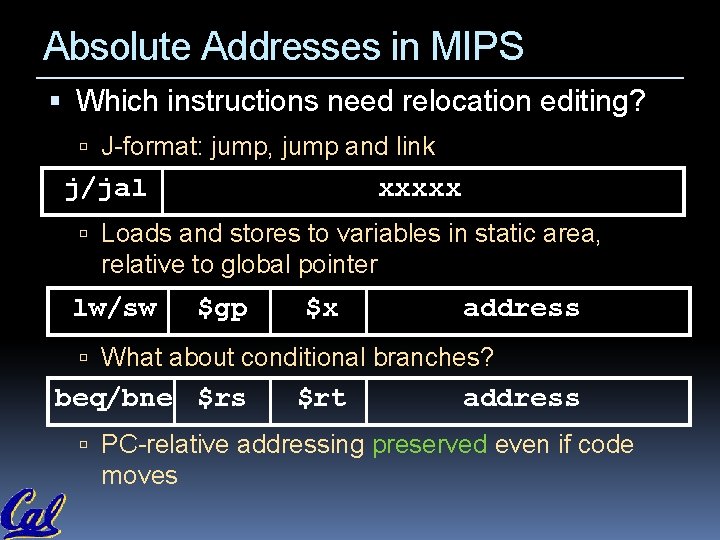 Absolute Addresses in MIPS Which instructions need relocation editing? J-format: jump, jump and link Absolute Addresses in MIPS Which instructions need relocation editing? J-format: jump, jump and link