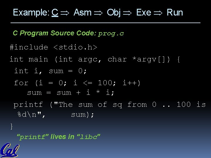 Example: C Asm Obj Exe Run C Program Source Code: prog. c #include <stdio. Example: C Asm Obj Exe Run C Program Source Code: prog. c #include <stdio.