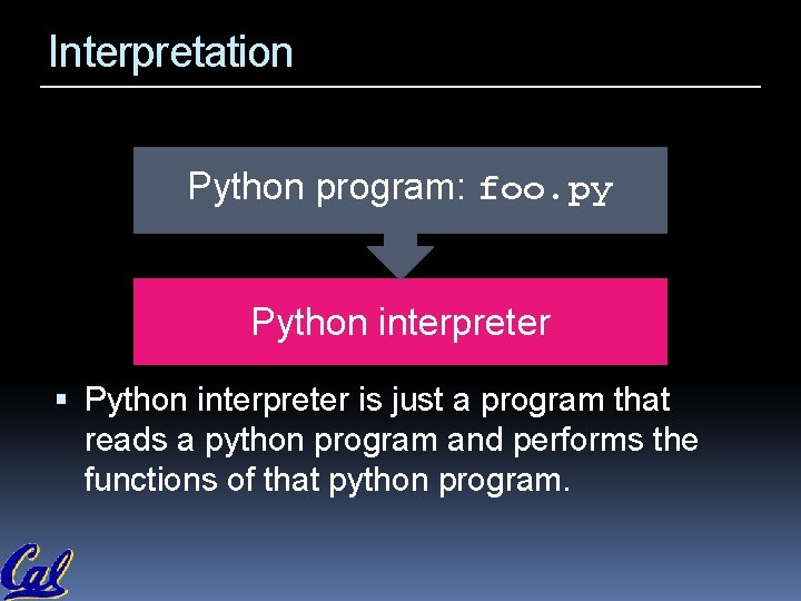 Interpretation Python program: foo. py Python interpreter is just a program that reads a Interpretation Python program: foo. py Python interpreter is just a program that reads a