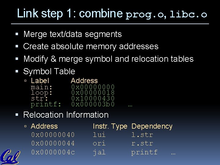 Link step 1: combine prog. o, libc. o Merge text/data segments Create absolute memory Link step 1: combine prog. o, libc. o Merge text/data segments Create absolute memory