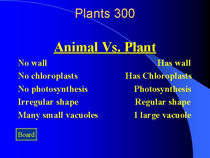 Plants 300 Animal Vs. Plant No wall No chloroplasts No photosynthesis Irregular shape Many