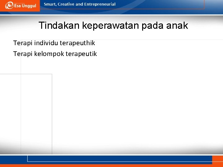 Tindakan keperawatan pada anak Terapi individu terapeuthik Terapi kelompok terapeutik 