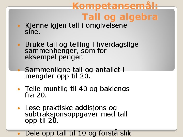 Kompetansemål: Tall og algebra • Kjenne igjen tall i omgivelsene sine. • Bruke tall