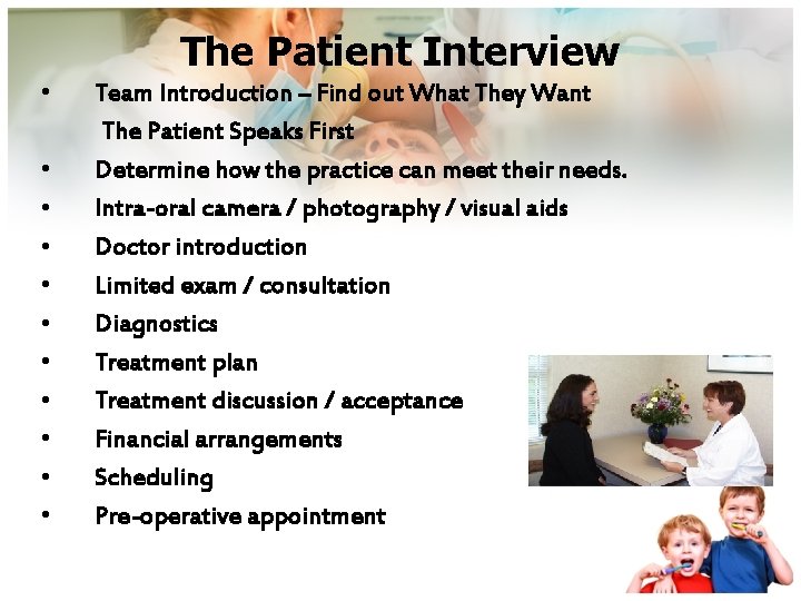 The Patient Interview • • • Team Introduction – Find out What They Want