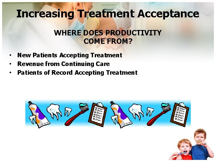 Increasing Treatment Acceptance WHERE DOES PRODUCTIVITY COME FROM? • New Patients Accepting Treatment •