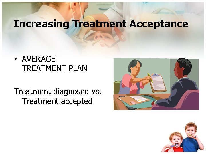 Increasing Treatment Acceptance • AVERAGE TREATMENT PLAN Treatment diagnosed vs. Treatment accepted 