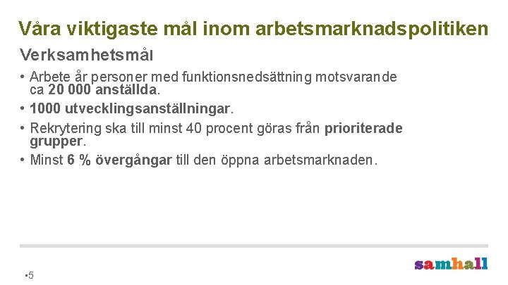 Våra viktigaste mål inom arbetsmarknadspolitiken Verksamhetsmål • Arbete år personer med funktionsnedsättning motsvarande ca
