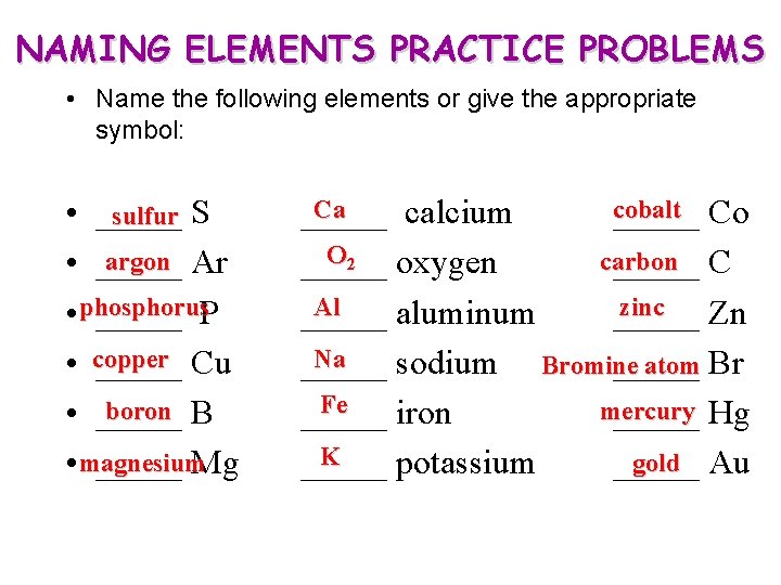 NAMING ELEMENTS PRACTICE PROBLEMS • Name the following elements or give the appropriate symbol: