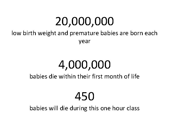 20, 000 low birth weight and premature babies are born each year 4, 000