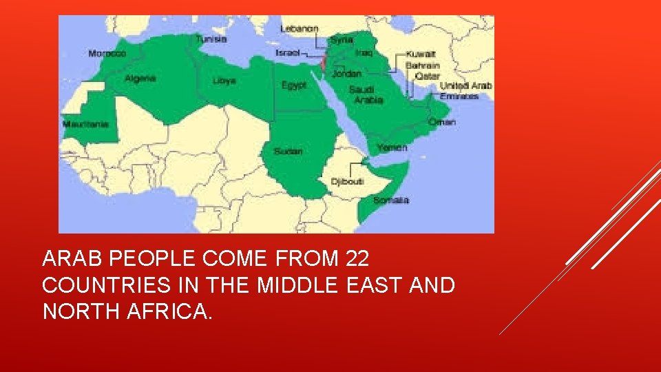 ARAB PEOPLE COME FROM 22 COUNTRIES IN THE MIDDLE EAST AND NORTH AFRICA. 