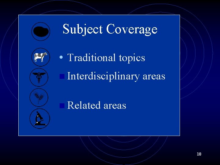 Subject Coverage • Traditional topics n Interdisciplinary n Related areas 10 