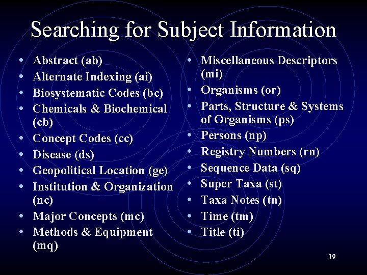 Searching for Subject Information • • • Abstract (ab) Alternate Indexing (ai) Biosystematic Codes