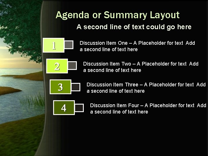 Agenda or Summary Layout A second line of text could go here 1 Discussion